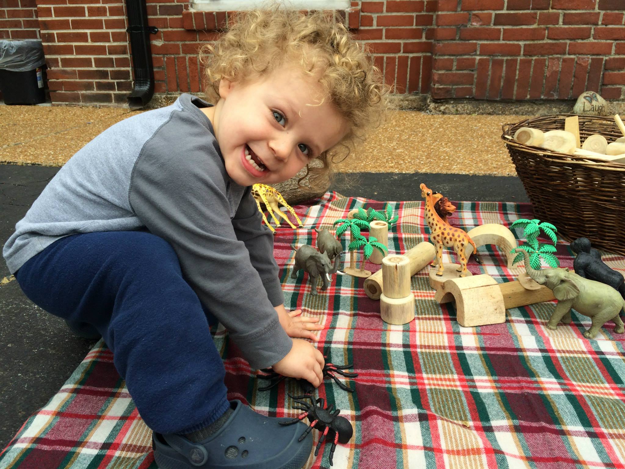 young child playing with toy animals and blocks